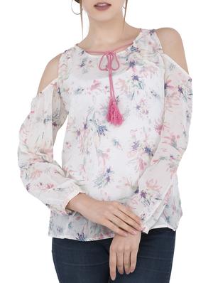 cold shoulder tie-up neck top - 15307994 - Standard Image - 1