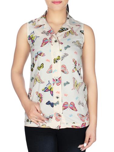 butterfly print lapel sleeveless top - 15308500 - Very Small Image - 1