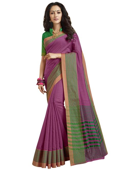 stripe bordered saree with blouse - 15315852 - Standard Image - 1