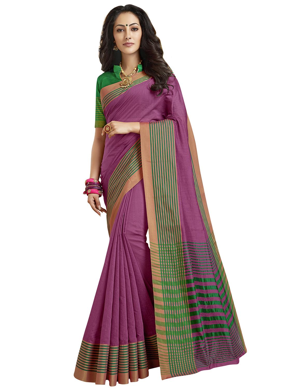 stripe bordered saree with blouse - 15315852 - Zoom Image - 1