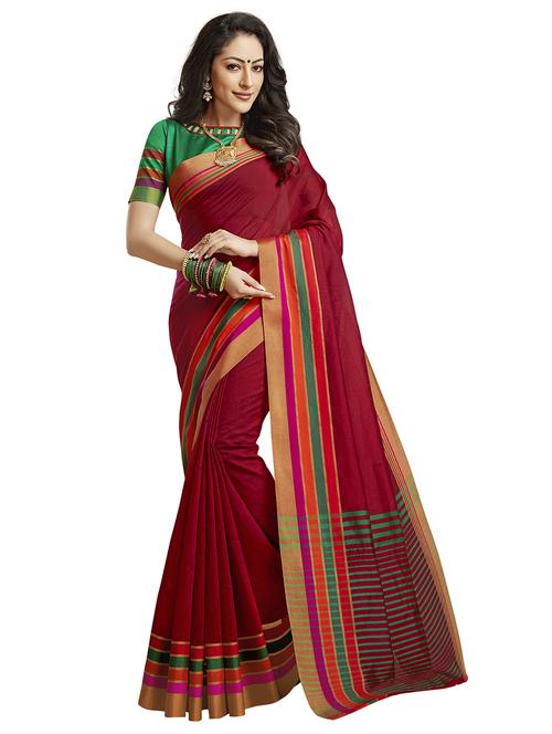 maroon stripe bordered saree with blouse - 15315858 - Standard Image - 1