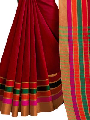 maroon stripe bordered saree with blouse - 15315858 - Standard Image - 2