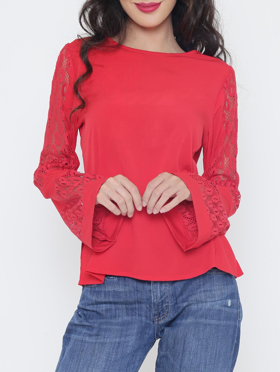 Lace panel bell sleeved top - 15321580 - Zoom Image - 1