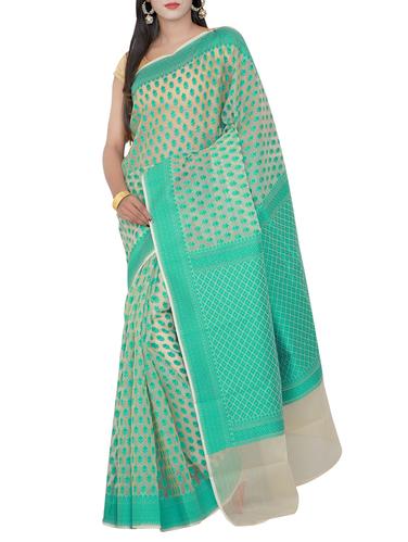 jacquard weave turquoise saree with blouse - 15326847 - Very Small Image - 1