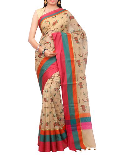striped border beige printed saree with blouse - 15326854 - Very Small Image - 1