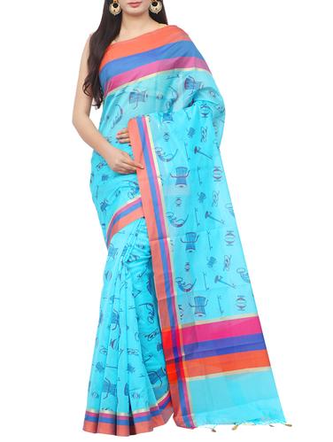 striped border sky blue printed saree with blouse - 15326857 - Very Small Image - 1