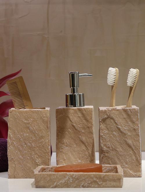 beige polyresin bath set collection of liquid soap dispenser, toothbrush holder, tumbler and soap dish - 15327388 - Standard Image - 1