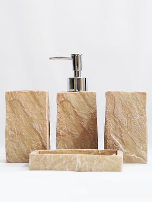 beige polyresin bath set collection of liquid soap dispenser, toothbrush holder, tumbler and soap dish - 15327388 - Standard Image - 2