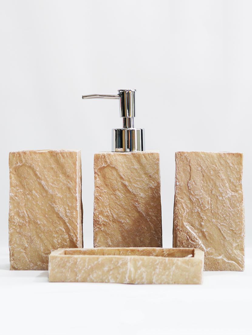 beige polyresin bath set collection of liquid soap dispenser, toothbrush holder, tumbler and soap dish - 15327388 - Zoom Image - 2