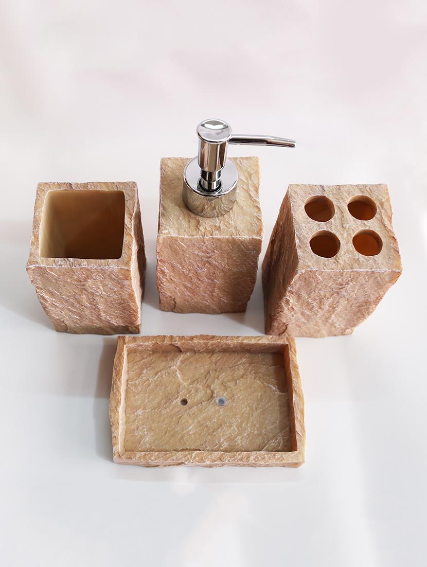 beige polyresin bath set collection of liquid soap dispenser, toothbrush holder, tumbler and soap dish - 15327388 - Zoom Image - 3