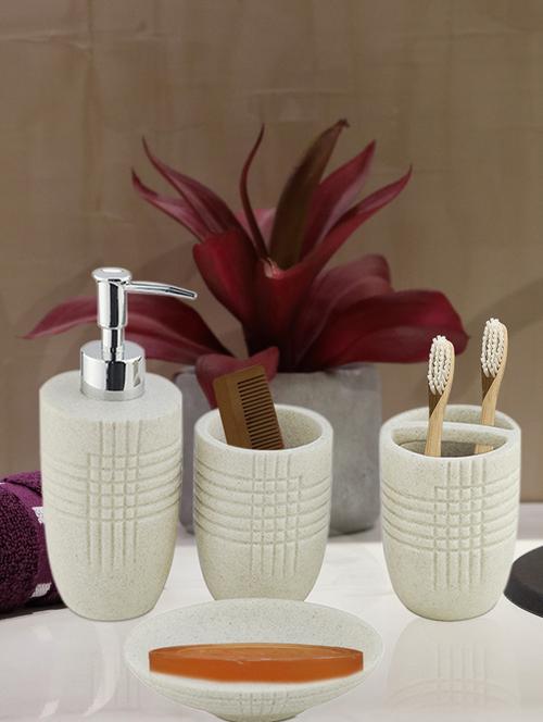 stand stone polyresin bath set collection of liquid soap dispenser, toothbrush holder, tumbler and soap dish - 15327392 - Standard Image - 1