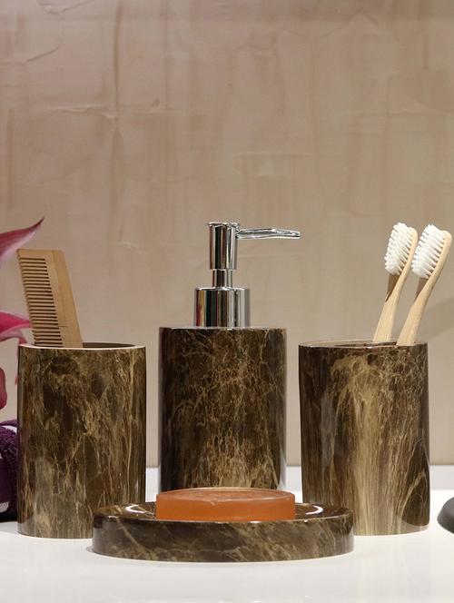 brown polyresin bath set collection of liquid soap dispenser, toothbrush holder, tumbler and soap dish - 15327397 - Standard Image - 1