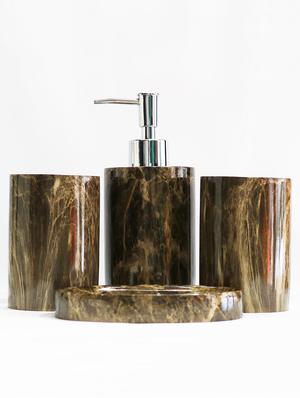 brown polyresin bath set collection of liquid soap dispenser, toothbrush holder, tumbler and soap dish - 15327397 - Standard Image - 2