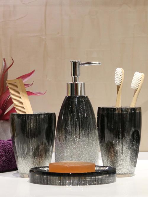 Black Polyresin Bath Set collection of liquid Soap Dispenser, Toothbrush Holder, Tumbler and Soap Dish - 15327418 - Standard Image - 1
