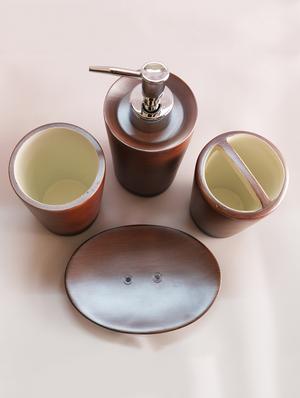 brown polyresin bath set collection of liquid soap dispenser, toothbrush holder, tumbler and soap dish - 15327419 - Standard Image - 3