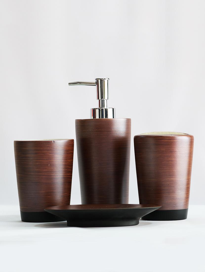 brown polyresin bath set collection of liquid soap dispenser, toothbrush holder, tumbler and soap dish - 15327419 - Zoom Image - 2