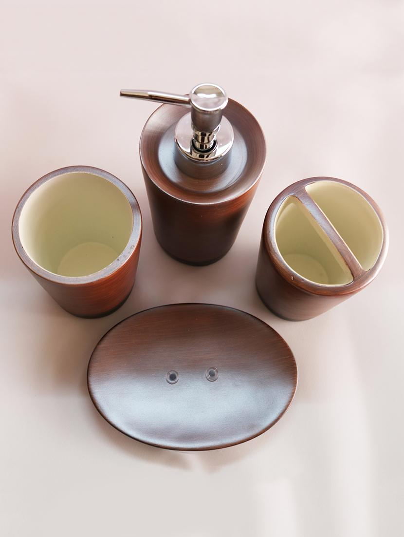 brown polyresin bath set collection of liquid soap dispenser, toothbrush holder, tumbler and soap dish - 15327419 - Zoom Image - 3