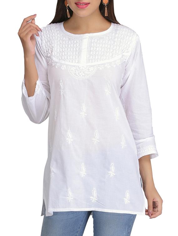 white cotton straight kurti - 15328830 - Zoom Image - 1