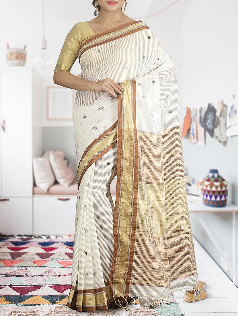 delicate golden bordered handloom saree with blouse - 15332996 - Zoom Image - 1