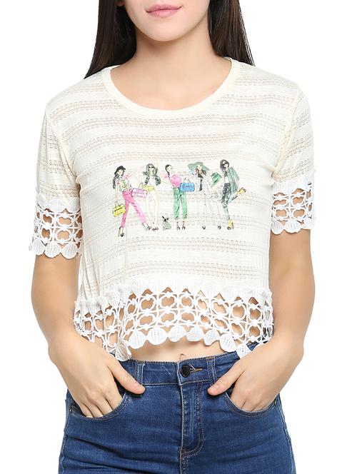 crochet detail graphic print top - 15336019 - Standard Image - 1