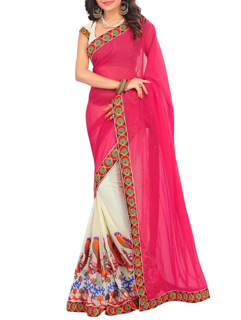 thread embroidered half & half saree with blouse - 15337077 - Zoom Image - 1
