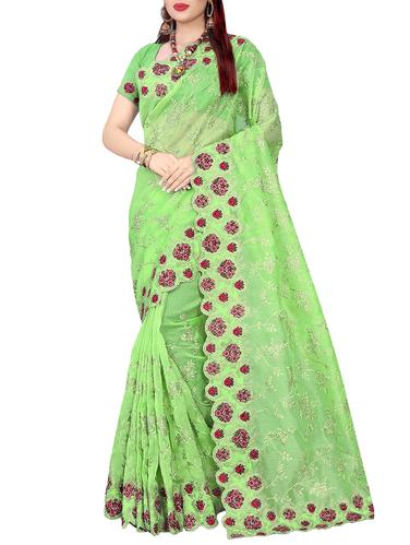 parrot green embroidered saree with blouse - 15338430 - Very Small Image - 1