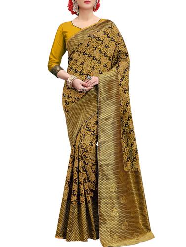 Delicate golden jacquard woven saree with blouse - 15339102 - Very Small Image - 1
