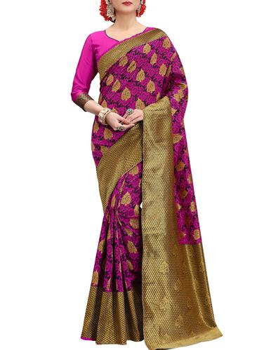 Delicate golden border woven saree with blouse - 15339103 - Very Small Image - 1