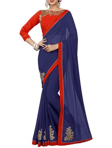 Contrast bordered embroidered saree with blouse - 15339116 - Very Small Image - 1