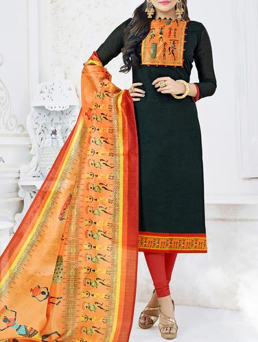 Printed patch yoke unstitched churidaar suit - 15341414 - Very Small Image - 1