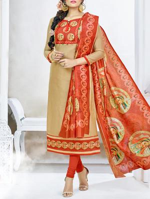 Printed patch yoke unstitched churidaar suit - 15341419 - Standard Image - 1