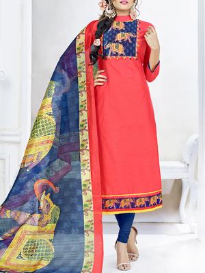 Printed patch yoke unstitched churidaar suit - 15341420 - Standard Image - 1