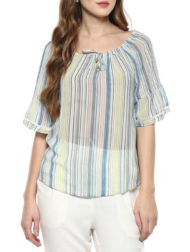 tie-up neck striped top - 15341434 - Very Small Image - 1