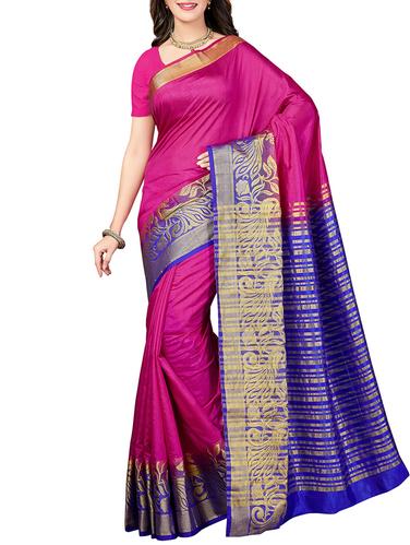zari border contrast pallu saree with blouse - 15341482 - Very Small Image - 1
