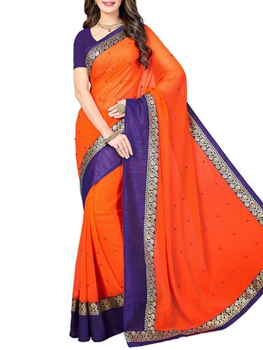 embellished chiffon orange saree with blouse - 15341524 - Very Small Image - 1
