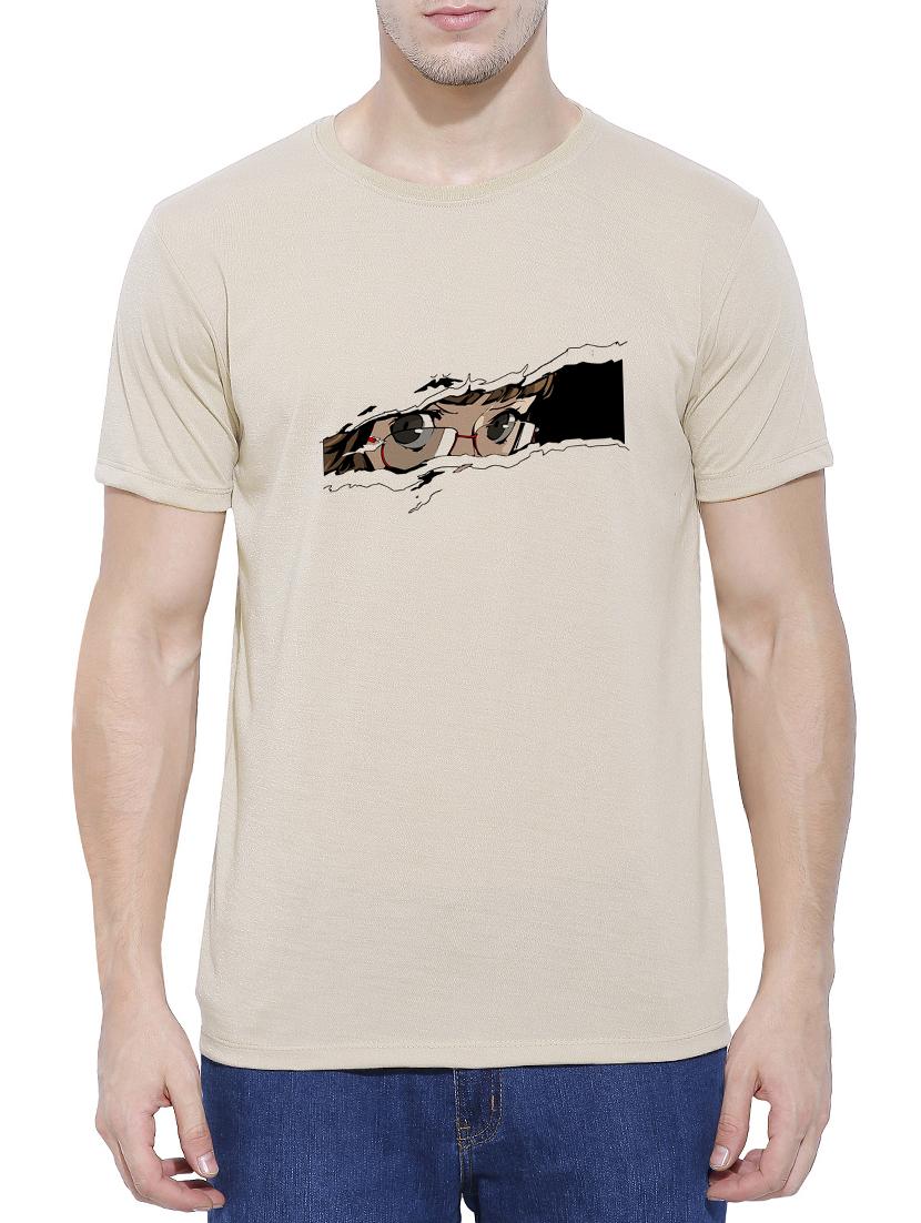 beige cotton blend chest print t-shirt - 15342103 - Zoom Image - 1
