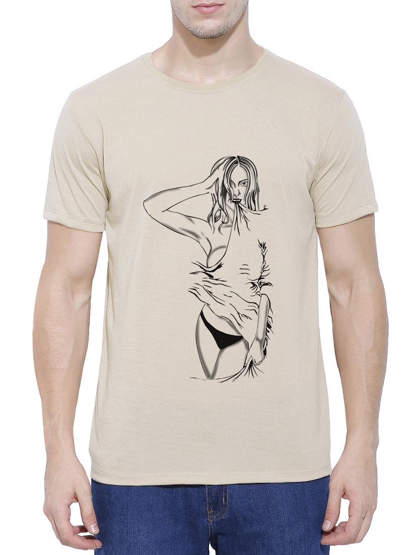 beige cotton blend chest print t-shirt - 15342183 - Zoom Image - 1