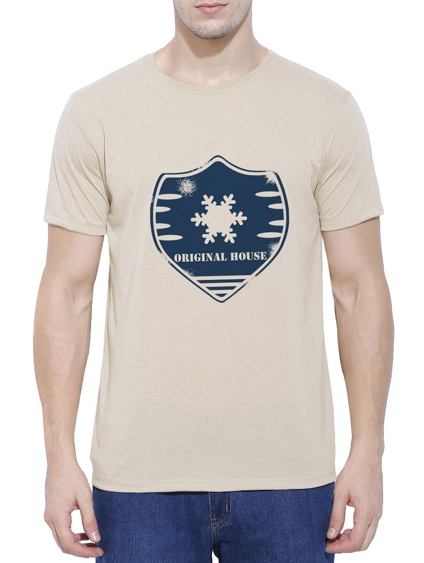 beige cotton blend chest print t-shirt - 15342268 - Zoom Image - 1