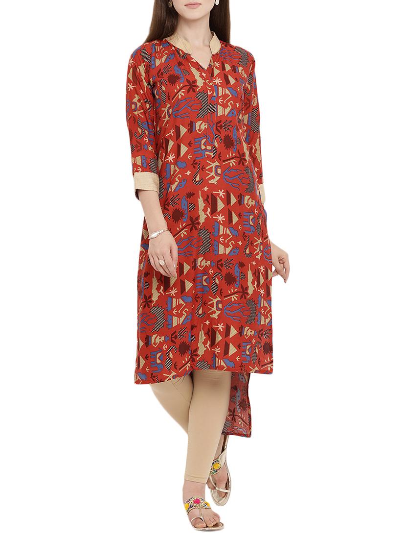 red rayon highlow kurta - 15342496 - Zoom Image - 1
