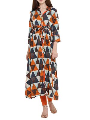 orange cotton flared kurta - 15342502 - Standard Image - 1