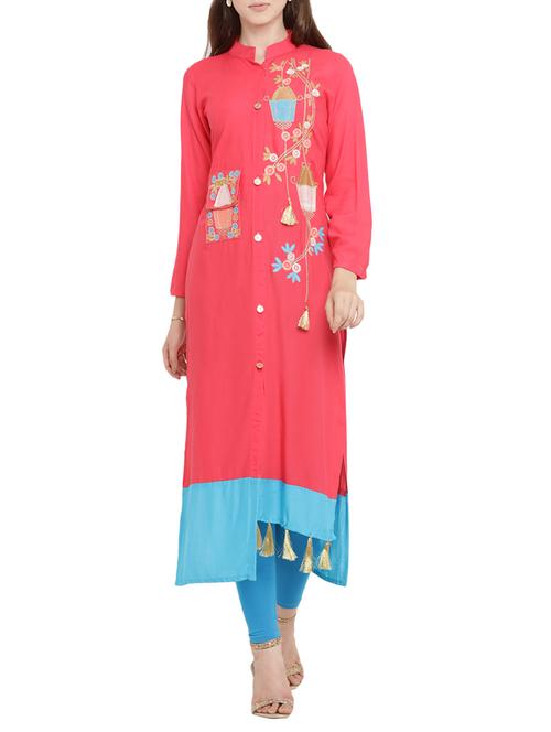 pink viscose straight kurta - 15342539 - Standard Image - 1