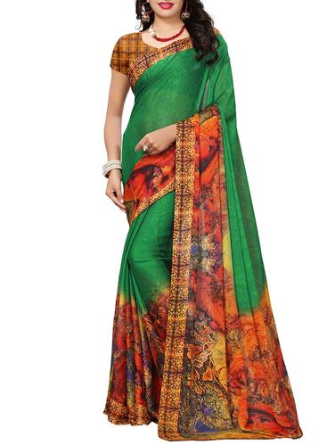 green georgette printed saree with blouse - 15342682 - Very Small Image - 1