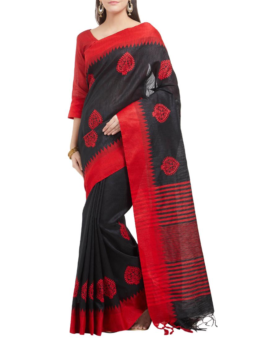 red cotton silk embroidered saree with blouse - 15342705 - Zoom Image - 1