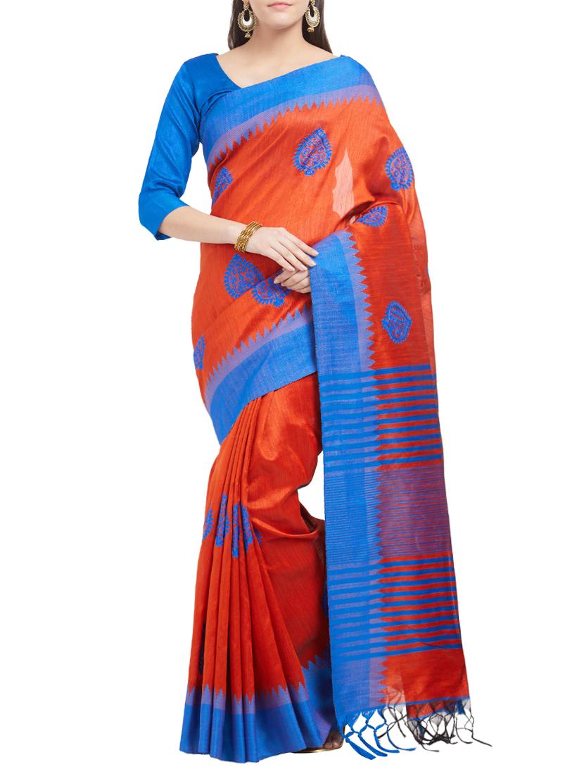 orange cotton silk embroidered saree with blouse - 15342707 - Zoom Image - 1