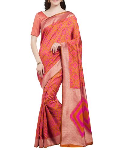 Contrast bordered patola saree with blouse - 15342714 - Very Small Image - 1