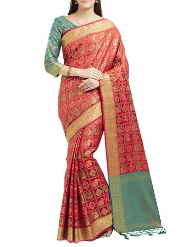 Red pochampalli saree with blouse - 15342721 - Very Small Image - 1