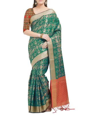 turquoise pochampalli saree with blouse - 15342722 - Standard Image - 1
