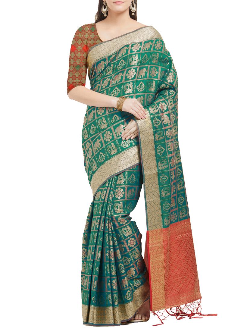 turquoise pochampalli saree with blouse - 15342722 - Zoom Image - 1