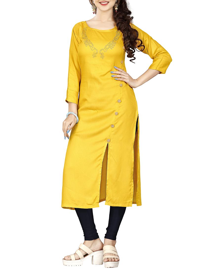 yellow rayon straight kurta - 15343583 - Zoom Image - 1