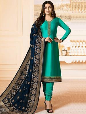 Embroidered semi-stitched churidaar suit - 15343730 - Standard Image - 1